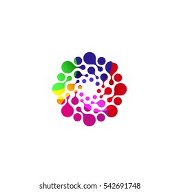 Digital colorful isolated circle logo template. Stylized abstract snowflake, flower or sun vector illustration. Polka dots round sign