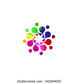 Digital colorful isolated circle logo template. Stylized abstract snowflake, flower or sun vector illustration. Polka dots round sign