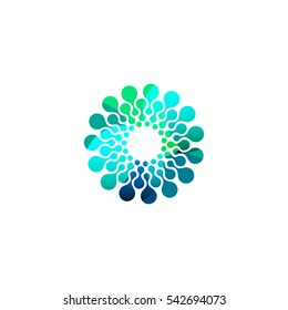 Digital colorful isolated circle logo template. Stylized abstract snowflake, flower or sun vector illustration. Polka dots round sign