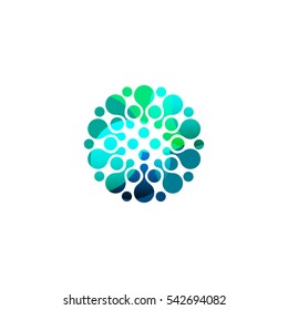 Digital colorful isolated circle logo template. Stylized abstract snowflake, flower or sun vector illustration. Polka dots round sign