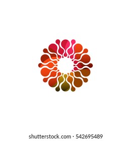 Digital colorful isolated circle logo template. Stylized abstract snowflake, flower or sun vector illustration. Polka dots round sign.