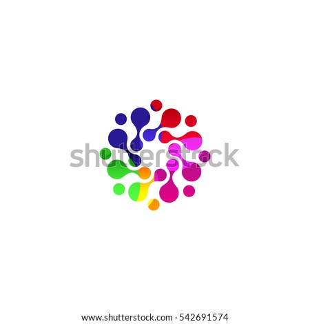 Digital colorful isolated circle logo template. Stylized abstract snowflake, flower or sun vector illustration. Polka dots round sign