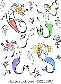 Digital colorful silhouette illustration of sea mermaids and other marine creatures