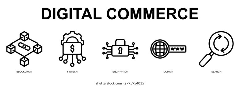 Digital commerce banner with blockchain, fintech, search and online business concepts in clean outline design.