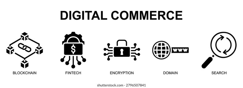 Digital commerce banner with blockchain, fintech, search and online business concepts in clean outline design.
