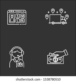 Digital commerce chalk icons set. Online shopping. Ordering delivery and payment by cash. Customer service assistance. Online store application. Isolated vector chalkboard illustrations