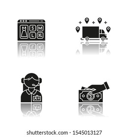 Digital commerce drop shadow black glyph icons set. Online shopping. Ordering delivery and payment by cash. Customer service assistance. Online store application. Isolated vector illustrations