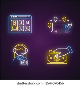 Digital commerce neon light icons set. Online shopping. Ordering delivery and payment by cash. Customer service assistance. Online store application. Glowing signs. Vector isolated illustrations