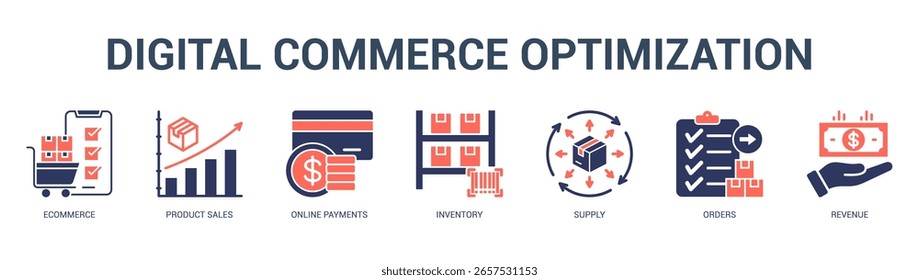 Digital Commerce Otimization Ilustração moderna e limpa de banner da web com ícones temáticos para comunicação visual