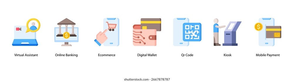 Digital Commerce Tools web banner icon ilustração vetorial com assistente virtual, banco on-line, comércio eletrônico, carteira digital, Qr Code, quiosque e pagamento móvel.