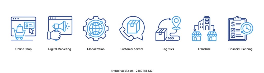 Ilustración vectorial de íconos de Anuncio de Web de comercio digital con tienda en línea, marketing digital, globalización, Servicio al cliente, logística, franquicia y planificación financiera.