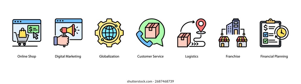 Ilustración vectorial de íconos de Anuncio de Web de comercio digital con tienda en línea, marketing digital, globalización, Servicio al cliente, logística, franquicia y planificación financiera.