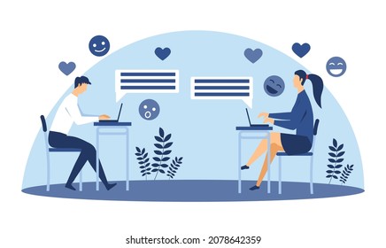 Digital communcation etiquette. Man and girl exchange messages. Rules of conduct in social networks. Polite characters, respectful correspondence, communication. Cartoon flat vector illustration