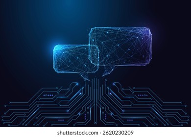 Digital communication and AI chat concept with glowing wireframe speech bubbles connected to circuit board on dark blue background. Futuristic low poly style, abstract vector illustration.