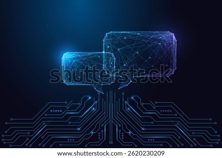 Digital communication and AI chat concept with glowing wireframe speech bubbles connected to circuit board on dark blue background. Futuristic low poly style, abstract vector illustration.