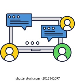 Symbol für den digitalen Kommunikationsbereich. Menschen soziale Medien Nutzer Avatar und Vektor Laptop Bildschirm mit Chat-Box Sprache Blase. Brainstorming Fernunterricht, Online-Schulung und Gehirnschulungskonzept