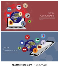 Digital communication banners concept vector with business icons.