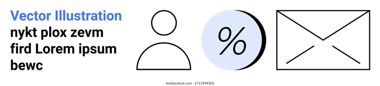 Comunicación digital, estadísticas de negocio, perfil de usuario, email marketing, análisis de datos, planificación financiera. Icono de perfil de usuario, icono de sobre de símbolo de porcentaje. Comunicación y negocios