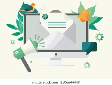 Digitales Kommunikationskonzept mit Computer, E-Mail, Megaphon, Benachrichtigungsglocke und Naturelementen. Nachhaltigkeits-Newsletter ESG-Newsletter. Umweltfreundliche Praktiken	