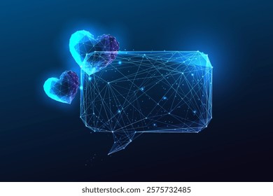 Digital communication concept with glowing speech bubble with polygonal hearts on dark background. Social connection, love, interaction. Abstract low-poly style Glowing polygonal vector illustration