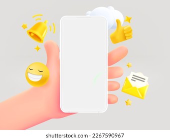 Digital communication concept. Hand holding smartphone. 3d vector illustration