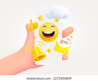 Digital communication concept. Hand holding smartphone. 3d vector illustration