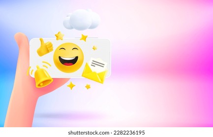 Digital communication concept. Hand holding smartphone. 3d vector banner with copy space