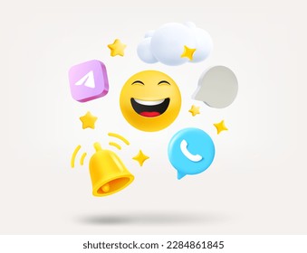 Concepto de comunicación digital con iconos y emojis. 3.ª ilustración vectorial