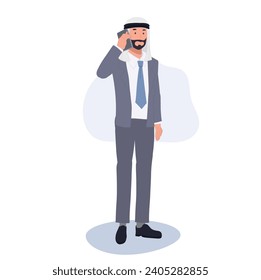 Concepto de comunicación digital. Hombre árabe profesional en traje con Smartphone