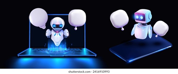 Concepto de comunicación digital con robots y dispositivos. Un robot con burbujas de voz en la pantalla del smartphone. Robots futuristas con burbujas de voz que emergen de la laptop y el teléfono.