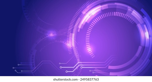 Digital communication, data protection, futuristic presentation, science cover. Abstract blue high tech background consisting of printed circuit board circles and other technological elements.