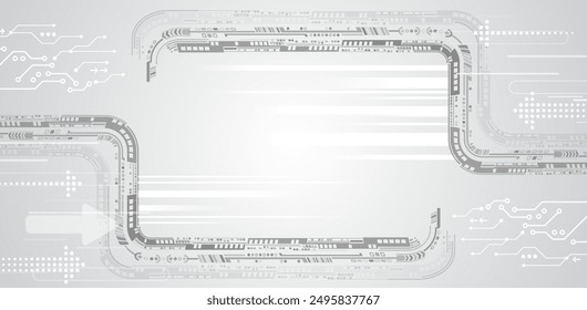 Digital communication, data protection, futuristic presentation, scientific cover. Abstract gray high-tech background consisting of printed circuit board, arrows and other technological elements.