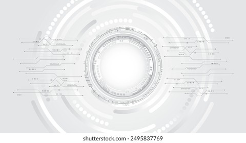 Digital communication, data protection, futuristic presentation, science cover. Abstract grey high tech background consisting of printed circuit board circles and other technological elements. 
