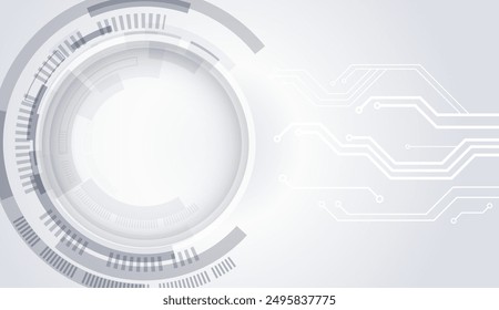 Digital communication, data protection, futuristic presentation, science cover. Abstract grey high tech background consisting of printed circuit board circles and other technological elements. 