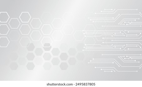 Digital communication, data protection, futuristic presentation, scientific cover. Abstract gray high-tech background consisting of printed circuit board, hexagons and other technological elements.