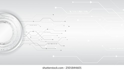 Digital communication, data protection, futuristic presentation, science cover. Abstract grey high tech background consisting of printed circuit board circles and other technological elements. 