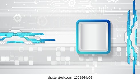 Digital communication, data protection, futuristic presentation, science cover. Abstract grey high tech background consisting of printed circuit board, squares and other technological elements.
