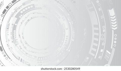 Comunicação digital, proteção de dados, apresentação futurista, cobertura científica. Fundo de alta tecnologia cinza abstrato consistindo de círculos e outros elementos tecnológicos. 