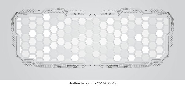 Digital communication, data protection, futuristic presentation, scientific cover. Abstract grey high tech background consisting of hexagon and other technological elements.