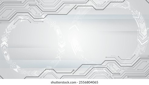Digital communication, data protection, futuristic presentation, science cover. Abstract grey high tech background consisting of printed circuit board circles and other technological elements.