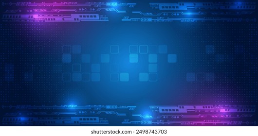 Digital communication, data protection, high tech presentation, science cover. Abstract blue futuristic background consisting of printed circuit board, squares and other technological elements.