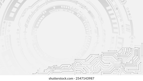Comunicación digital, protección de datos, presentación de alta tecnología, cubierta científica. Abstractas fondo futurista gris que consiste en círculos de placa de circuito impreso y otros Elementos tecnológicos.