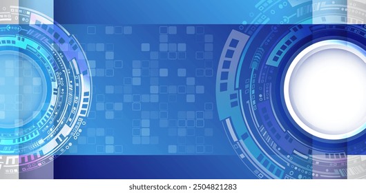Digitale Kommunikation, Datenschutz, High-Tech-Präsentation, wissenschaftliches Cover. Abstrakter, blaugrauer futuristischer Hintergrund, bestehend aus Quadraten, Kreisen und anderen technologischen Elementen.
