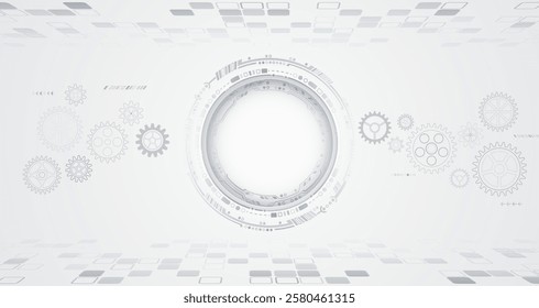 Digital communication, data protection, high-tech presentation, scientific cover. Abstract grey futuristic background consisting of gears, circles and other technological elements.