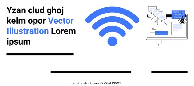Comunicación digital, gestión de correo electrónico, tecnología en la nube, sistemas de red, intercambio de datos, conectividad inalámbrica. símbolo inalámbrico y una pantalla de computadora con correos electrónicos. Comunicación digital y correo electrónico
