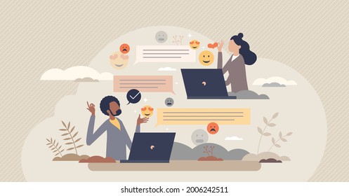 Digital communication etiquette and proper writing style tiny person concept. Social standard for reactions and emotions in computer or phone messages vector illustration. Symbolic feeling expression.