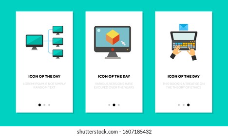 Digital communication flat icon set. Using computer, email, hierarchy structure. Computing, technology, network, wireless connection concept. Vector illustration symbol elements for web design