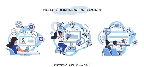 Digital Communication Formats Metaphor, Content Online Data And Social Media Streaming. Abstract Modern News Feed And Website Connection. Open Sourse Software Unified Conversation Modern Technology