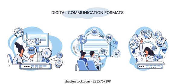 Digital Communication Formats Metaphor, Content Online Data And Social Media Streaming. Abstract Modern News Feed And Website Connection. Open Sourse Software Unified Conversation Modern Technology