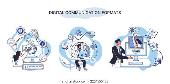 Digital communication formats metaphor, content online data and social media streaming. Abstract modern news feed and website connection. Open sourse software unified conversation modern technology